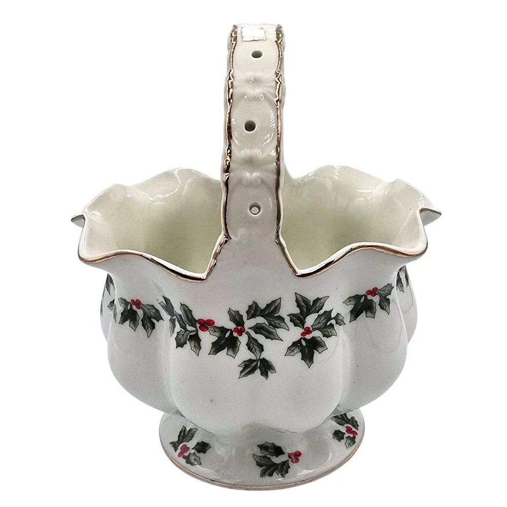 Living Quarters Christmas Holly Berry Ceramic Footed Basket Candy Dish Flowers